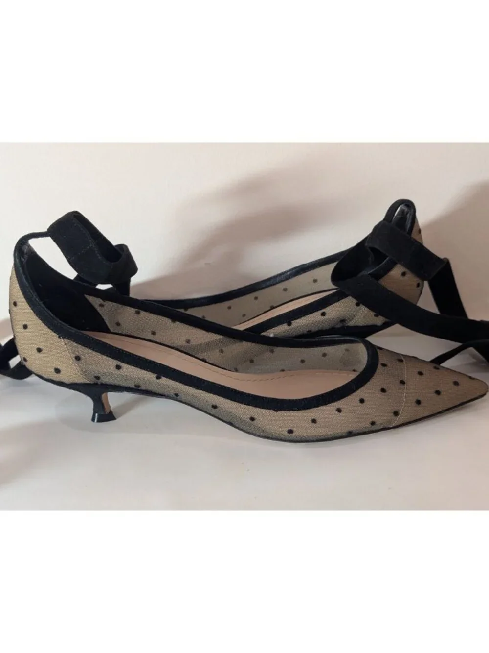 Christian Dior Black Mesh Suede Polka Dot Kitten Heel Pumps, Size 38